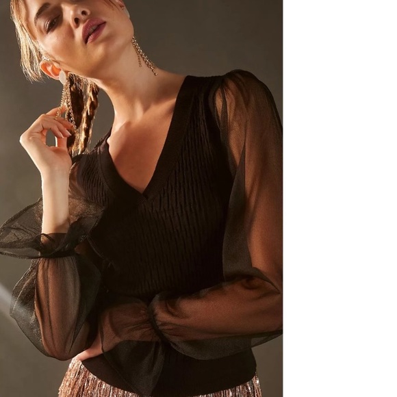 New Anthropologie Maeve Sheer-Sleeve Sweater size M BLACK - Picture 3 of 12